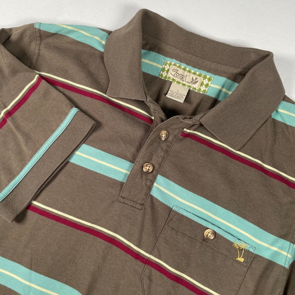Fossil Striped Polo Shirt Short Sleeve‎ Casual Palm Tree Brown Large